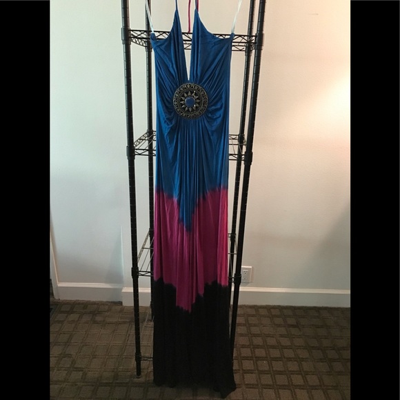 Sky blue, pink, and black Maxi Dress &feather tie - Picture 1 of 10